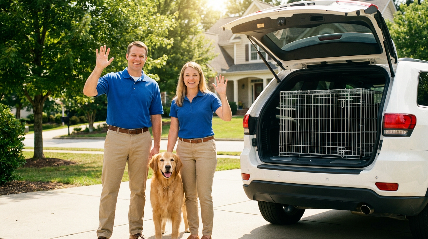Professional pet transport team with happy dog and luxury SUV ready for ground transport